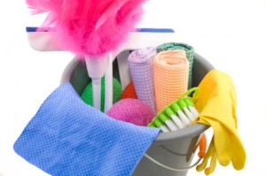 A bucket of cleaning supplies