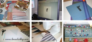 Collage of photos showing how to make a paper pennant banner