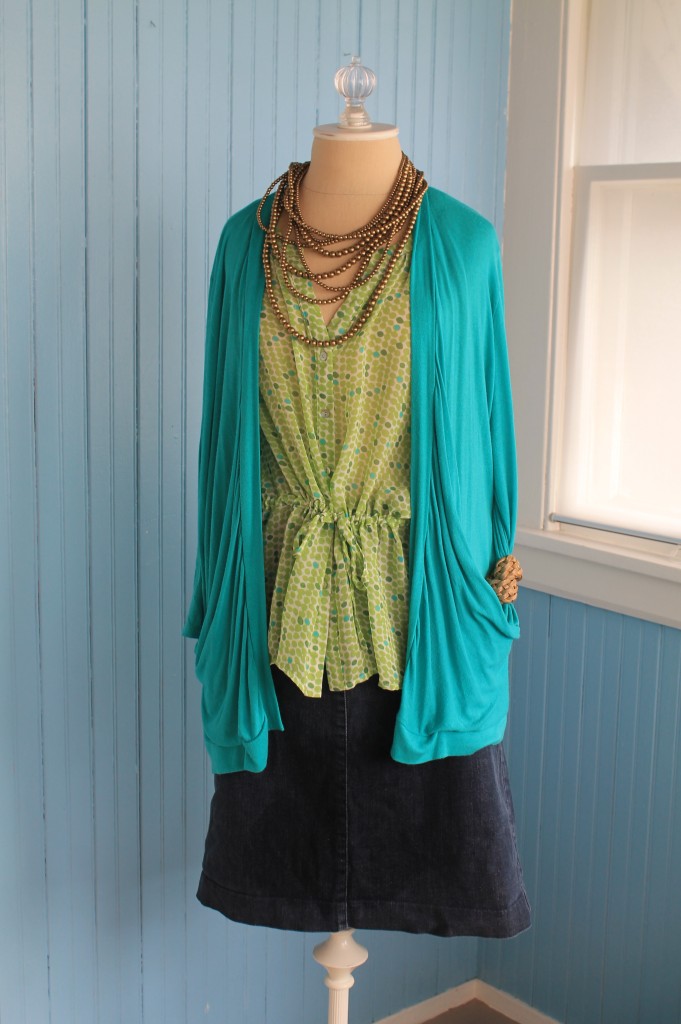 green blouse turquoise cardi